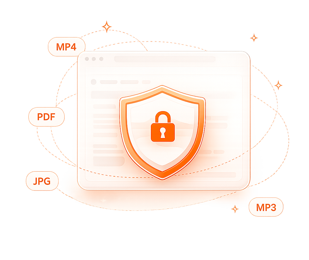 Secure Browser-Native file processing mockup showing lock shield and file types